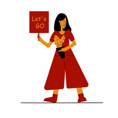 girl with a banner LET'S GO, Banner for business, marketing and advertising