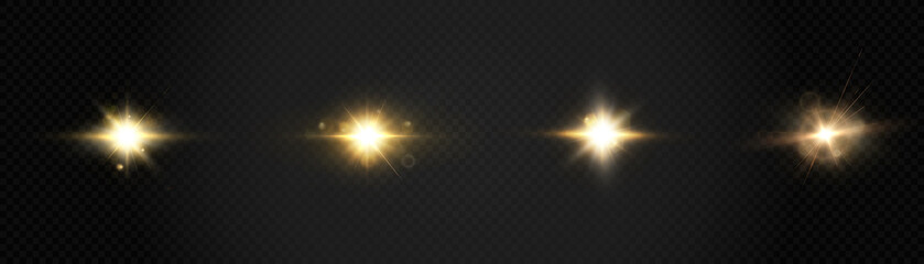Set of light effects golden glowing light isolated on transparent background. Solar flare with rays and glare. Glow effect. Starburst with shimmering sparkles.	

