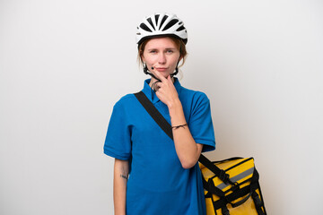 Young English woman with thermal backpack isolated on white background thinking