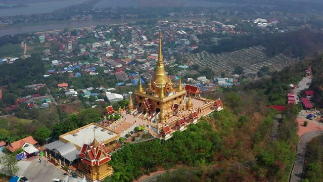 Aerial view of Wat Khiriwong temple on top of the mountain in Nakhon Sawan, Thailand
