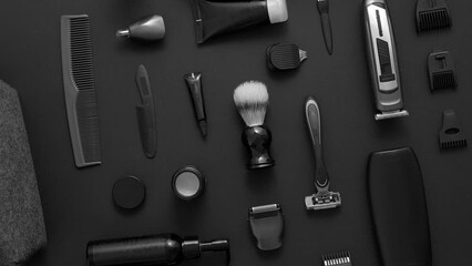 Men beauty and health concept. Various shaving and bauty care accessories placed on black background