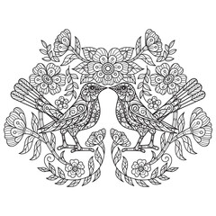 Bird and flowers hand drawn for adult coloring book