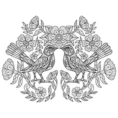 Bird and flowers hand drawn for adult coloring book