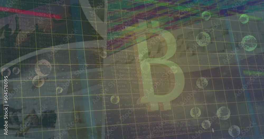Poster animation of bitcoin over background with bubbles and data processing