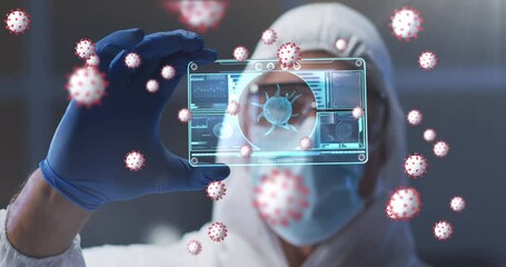 Animation of virus cells over caucasian male lab worker with sample - Powered by Adobe