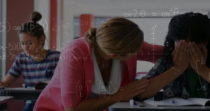 Animation of math formulas moving over caucasian female teacher supporting crying girl at school