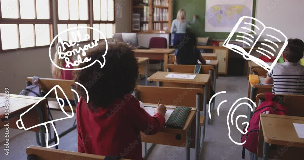 Poster animation of contour school items appearing over back view of class of diverse pupils