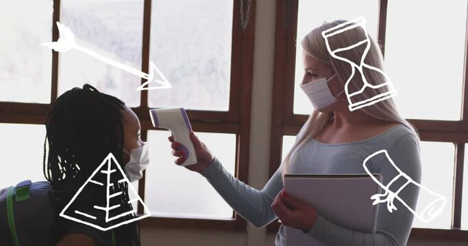 Animation of contour school items over caucasian female teacher checking girls temperature