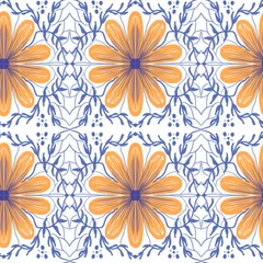 Tapeten Stylization ceramic tiles Portugal ethnic design. Violet floral seamless pattern in mosaic style. Moroccan, Portugal and Turkey ornaments. © Lexivly