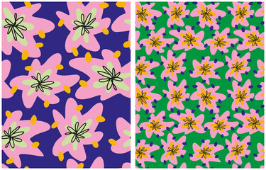 Obraz premium Simple Hand Drawn Irregular Floral Vector Patterns. Pink Freehand Brush Flowers on a Dark Blue and Green Background. Infantile Style Abstract Doodle Garden Vector Print Ideal for Fabric, Textile.
