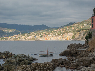 Ligurian Riviera coast ,city of camogli in the background - 504579221