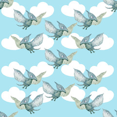  hand-drawn colored seamless repeating children pattern with cute dinosaurs, rainbow in Scandinavian style on a white background. Baby pattern with dinosaurs. Cute baby animals.