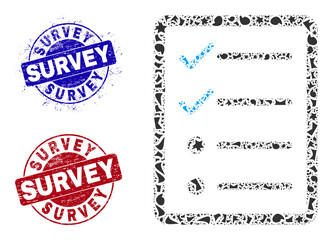 Round SURVEY dirty stamp imitations with tag inside round shapes, and debris mosaic checklist page icon. Blue and red stamps includes SURVEY title. Checklist page mosaic icon of debris items.
