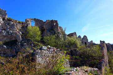 Fototapeta na wymiar Rocca Calascio, view of ruins of mountaintop medieval fortress at 1512 meters above sea level. The Castle of Rocca Calascio is located within the Gran Sasso National Park, Abruzzo – Italy