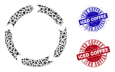Round ICED COFFEE unclean badges with text inside round forms, and detritus mosaic circulation icon. Blue and red stamp seals includes ICED COFFEE text. Circulation mosaic icon of shards parts.