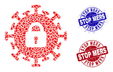 Round STOP MERS rubber prints with word inside circle forms, and shard mosaic contagious lockdown icon. Blue and red stamps includes STOP MERS title.