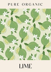 Lime. Retro posters with fruits. 90s 80s 70s groovy posters. Modern trendy print. Hand drawn fruit pattern. Vector illustration