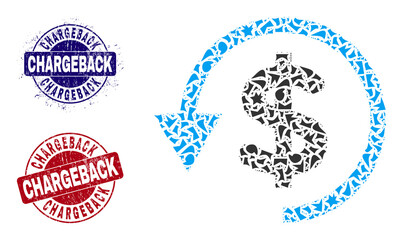 Round CHARGEBACK corroded stamps with text inside round forms, and debris mosaic chargeback icon. Blue and red stamps includes CHARGEBACK tag. Chargeback mosaic icon of shards elements.