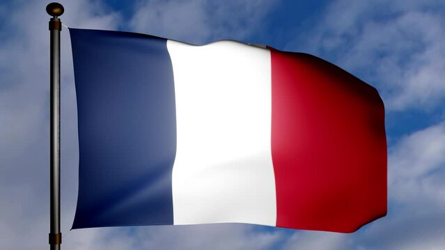 French Flag with fabric texture waving in the wind on a blue white cloudy sky background. Seamless loop stock 4K video. National Flag of France