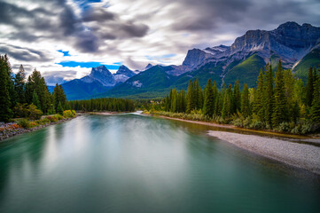 Bow River near Canmore in Canada with Canadian Rockies