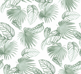 Fototapeta premium Hawaiian seamless pattern with exotic palm leaves. Tropical plants in realistic style. Foliage design. Vector botanical illustration on a white background.