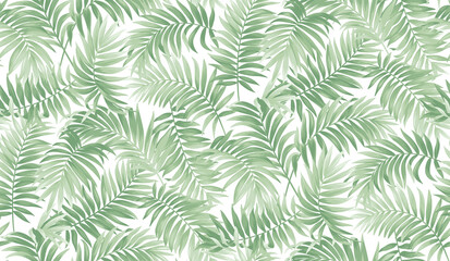 Naklejka na ściany i meble Hawaiian seamless pattern with exotic palm leaves. Tropical plants in realistic style. Foliage design. Vector botanical illustration on a white background.