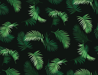 Naklejka na ściany i meble Hawaiian seamless pattern with exotic palm leaves. Tropical plants in realistic style. Foliage design. Vector botanical illustration on a black background.