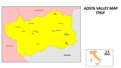 Aosta Valley Map. State and district map of Aosta Valley. Political map of Aosta Valley with the major district - obrazy, fototapety, plakaty