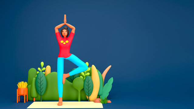 3D Cartoon Woman Practicing Yoga Vrikshasana Pose And Nature View On Blue Background With Copy Space.