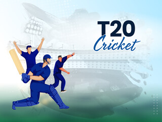 T20 Cricket Championship Concept With Faceless Cricketer Players In Playing Pose On Blue And Gray Brush Stroke Background. - obrazy, fototapety, plakaty