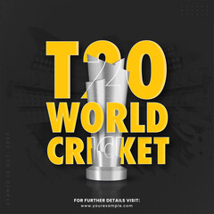 Yellow T20 World Cricket Font With 3D Silver Trophy Cup On Black Brush Effect Stadium Background.