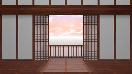 Raum in asiatischem Stil mit geöffneter Tür, Aussicht auf Sonnenuntergang