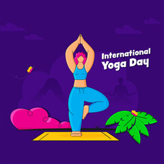International Yoga Day Concept With Faceless Young Lady Practicing Vrikshasana Pose On Purple Background.