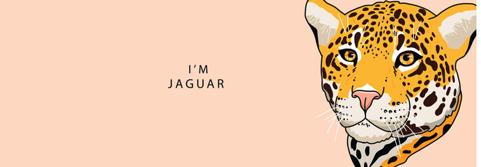 Head of a jaguar looks seriously to the side on a beige background with the text © Sg.Lapchi
