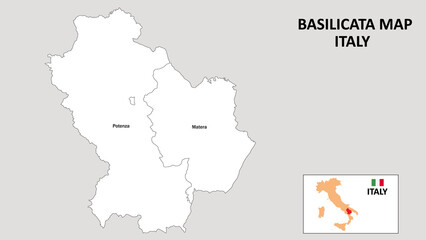 Basilicata Map. State and district map of Basilicata. Administrative map of Basilicata with district and capital in white color.