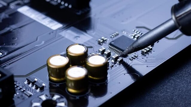 The hand holding the tin, a soldering iron solder the chip in place. Computer repair. Macrophotography.