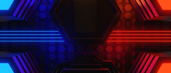 abstract video game of scifi gaming red blue vs e-sports backgound, vr virtual reality simulation and metaverse, scene stand pedestal stage, 3d illustration rendering, futuristic neon glow room © issaronow
