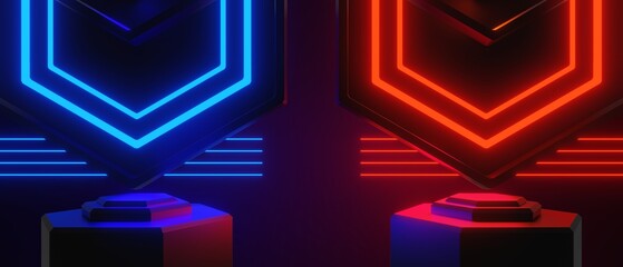 abstract video game of scifi gaming red blue vs e-sports backgound, vr virtual reality simulation and metaverse, scene stand pedestal stage, 3d illustration rendering, futuristic neon glow room