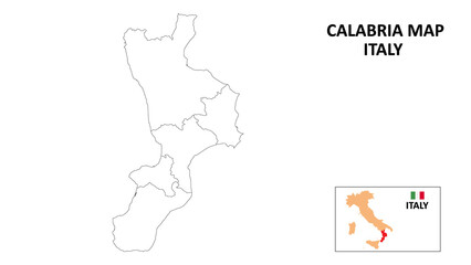 Calabria Map. State and district map of Calabria. Political map of Calabria with outline and black and white design.
