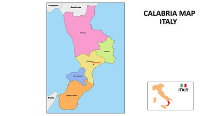 Calabria Map. State and district map of Calabria. Political map of Calabria with neighboring countries and borders.