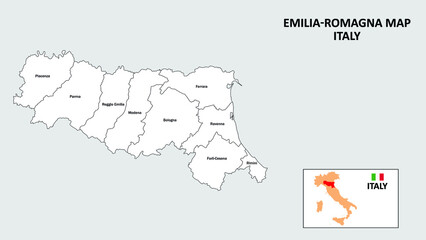 Emilia Romagna Map. State and district map of Emilia Romagna. Administrative map of Emilia Romagna with district and capital in white color.