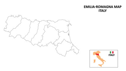 Emilia Romagna Map. State and district map of Emilia Romagna. Political map of Emilia Romagna with outline and black and white design.