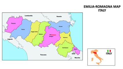 Emilia Romagna Map. State and district map of Emilia Romagna. Political map of Emilia Romagna with the major district © awesome artt