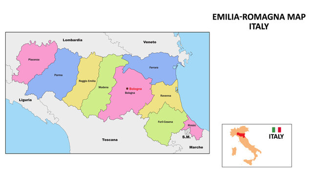 Emilia Romagna Map. State and district map of Emilia Romagna. Political map of Emilia Romagna with neighboring countries and borders.