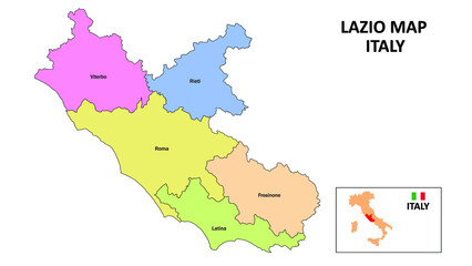 Naklejka premium Lazio Map. District map of Lazio in District map of Lazio in color with capital.