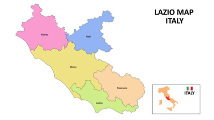 Obraz premium Lazio Map. District map of Lazio in District map of Lazio in color with capital.