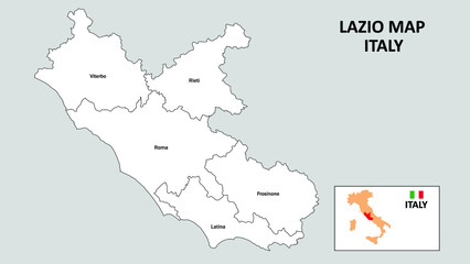 Lazio Map. State and district map of Lazio. Administrative map of Lazio with district and capital in white color.