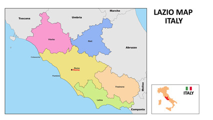 Lazio Map. State and district map of Lazio. Political map of Lazio with neighboring countries and borders. - obrazy, fototapety, plakaty