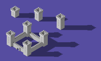 Set of vector isometric grey castle with towers and walls and long shadow