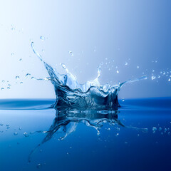 Fototapeta na wymiar 3D Rendering of a Clear Blue Splash Water with Droplets on Gradient Blue Background